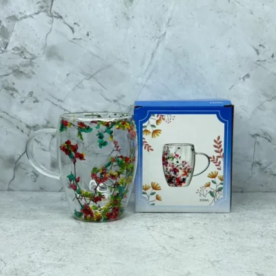 Taza de vidrio doble pared flores y osos